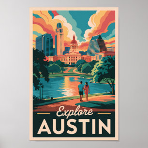 Austin Texas Skyline Reisen Art Vintag Poster