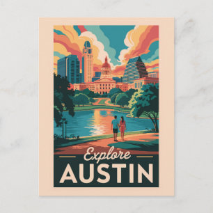 Austin Texas Skyline Reisen Art Vintag Postkarte