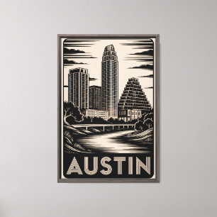 Austin Texas Skyline Schwarz Weiß Holzschnitt Leinwanddruck