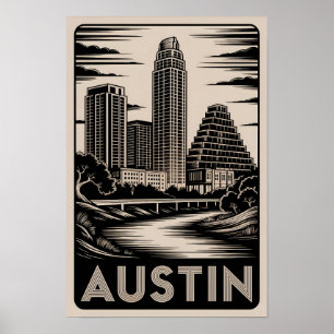 Austin Texas Skyline Schwarz Weiß Holzschnitt Poster