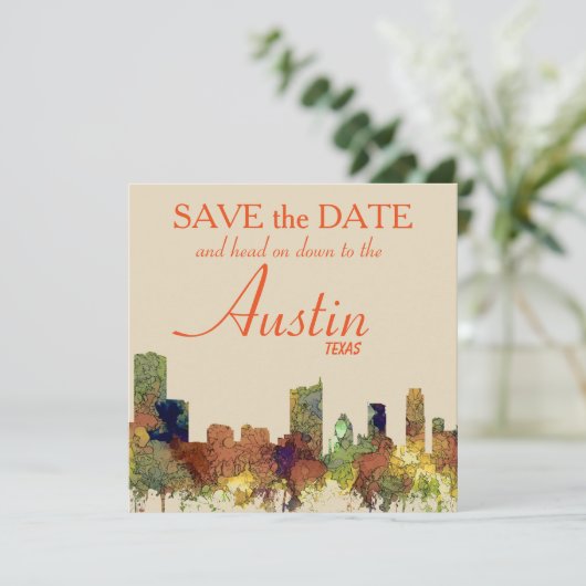 Austin Texas Skyline SG-Safari Buff Save The Date (Stehend Vorderseite)