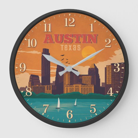 Austin Texas Skyline Sunset Große Wanduhr (Vorderseite)
