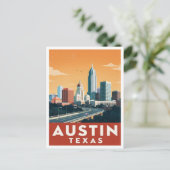 Austin Texas Skyline Vintage Reisekunst Postkarte (Stehend Vorderseite)