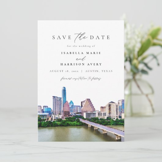 AUSTIN TEXAS Skyline Wedding Save the Date (Stehend Vorderseite)