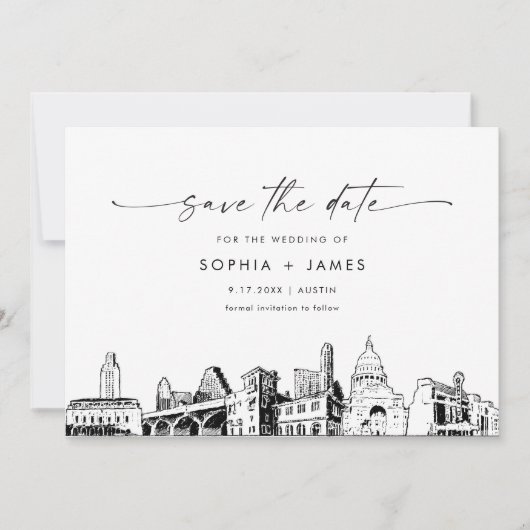 Austin, Texas Skyline Wedding Save the Date Card Einladung (Vorderseite)