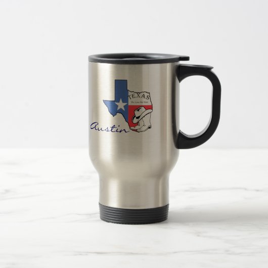 Austin, Texas Staat Map mit Star, Boots, Hat-Tasse Reisebecher (Rechts)