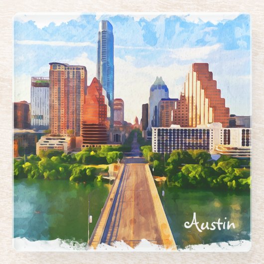 Austin Texas Vintage Travel City Watercolor Glasuntersetzer (Vorderseite)