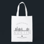 Austin, Texas Wedding | Stilisierte Skyline Wiederverwendbare Einkaufstasche<br><div class="desc">Eine einzigartige Hochzeitstasche für eine Hochzeit in der schönen Stadt Austin,  Texas. Diese Tasche zeigt die einzigartige Skyline der Stadt mit ihrem Namen darunter. Anschließend erhalten Sie Informationen zu Ihrem Hochzeitstag in einem passenden,  offenen Stil.</div>