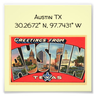 Austin TX Kartenkoordinaten im Vintage-Stil Fotodruck