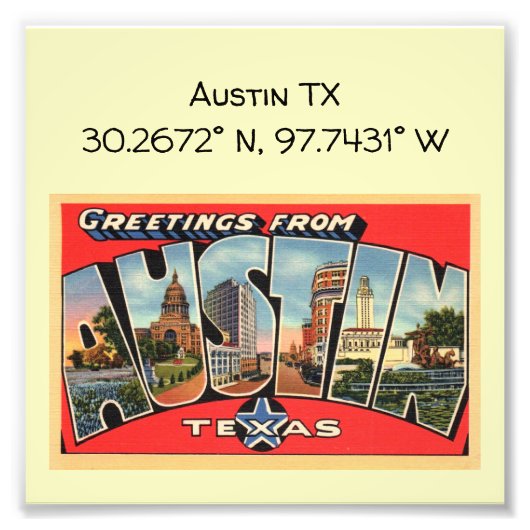 Austin TX Map koordiniert Vintagen Stil Fotodruck (Vorne)