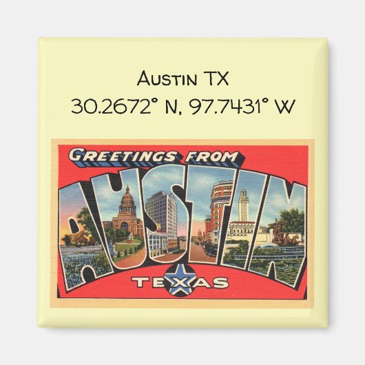 Austin TX Map koordiniert Vintagen Stil Magnet (Vorne)