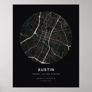 Austin TX Schwarze Stadtplan-Kunst drucken Poster