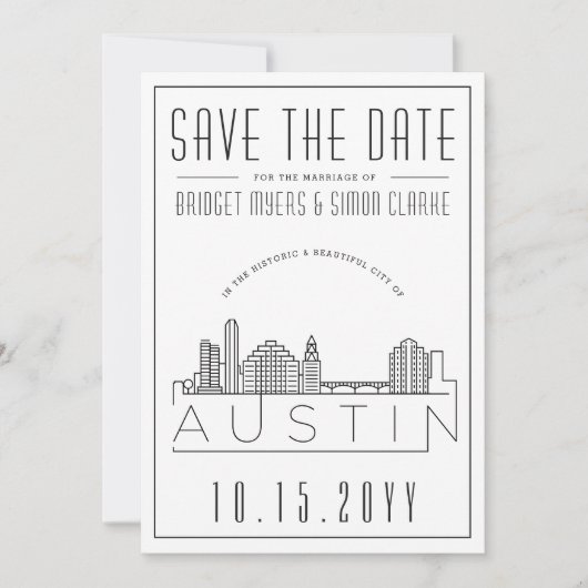 Austin Wedding | Stilisierte Skyline Save the Date Einladung (Vorderseite)