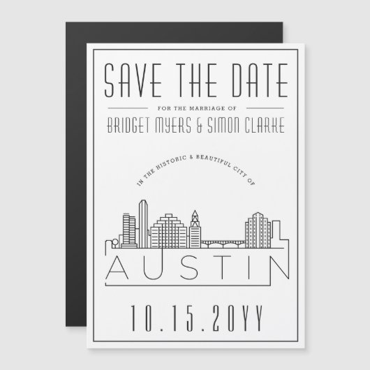 Austin Wedding | Stilisierte Skyline Save the Date Magneteinladung (Vorne/Hinten)
