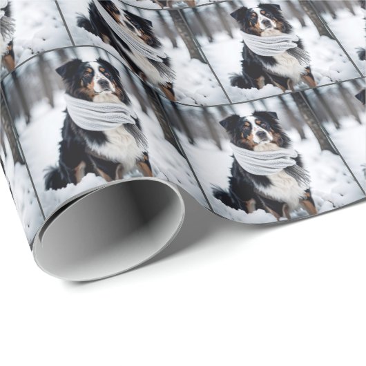 Austrailan Shepherd mit Winterskarf Geschenkpapier (Rolleneckpunkt)