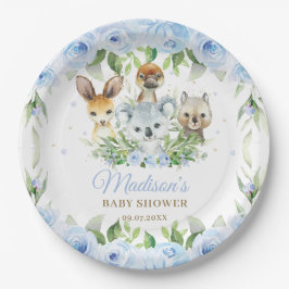 Australian Animals Blue Floral Boy Baby Showdusche Pappteller