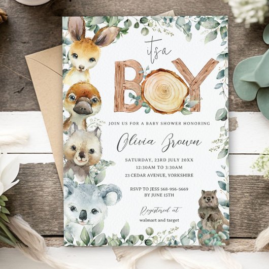 Australian Animals Greenerity Wood Boy Baby Shower Einladung