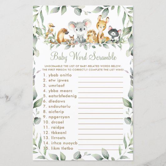 Australian Animals Greenery Baby Word Scramble (Vorderseite)