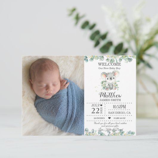 Australian Animals Greenery New Baby Fotos Birth Ankündigung (Stehend Vorderseite)