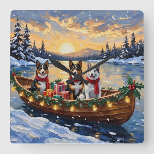 Australian Cattle Dog Christmas Boat Holiday Quadratische Wanduhr (Vorderseite)