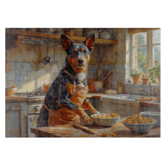 Australian Cattle Dog Cooking in Kitchen Schneidebrett (Vorderseite)