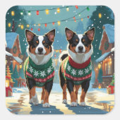 Australian Cattle Dogs Christmas Snow Holiday Quadratischer Aufkleber (Vorderseite)