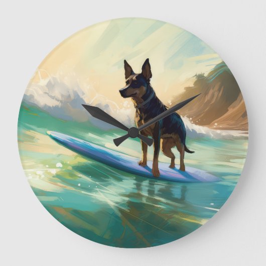 Australian Kelpie Beach Surfing Painting Große Wanduhr (Vorderseite)