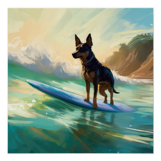 Australian Kelpie Beach Surfing Painting Poster (Vorderseite)