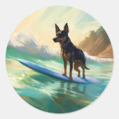 Australian Kelpie Beach Surfing Painting Runder Aufkleber (Vorderseite)