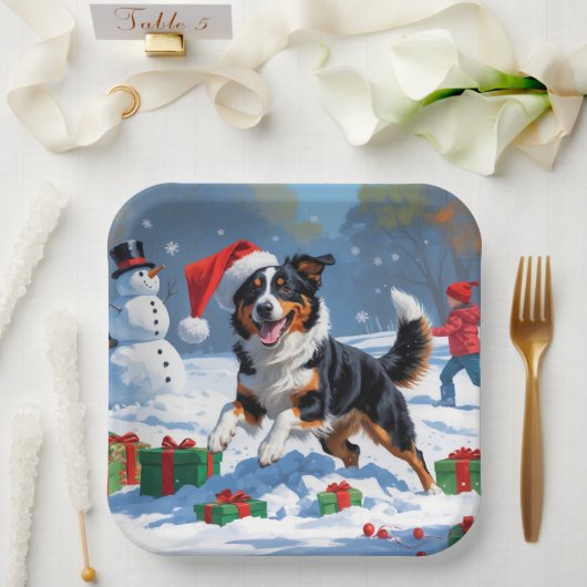 Australian Kelpie Christmas Festive Snow Scene Pappteller (Hochzeit)