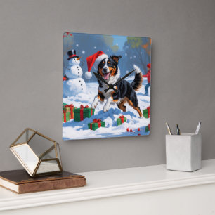 Australian Kelpie Christmas Festive Snow Scene Quadratische Wanduhr