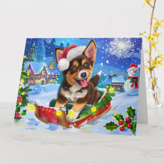 Australian Kelpie Dog in Sleigh Snow Weihnachten Karte (Gelbe Blume)