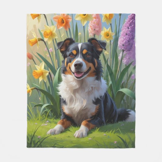 Australian Kelpie Dog Spring Flowers Malerei Fleecedecke (Vorderseite)