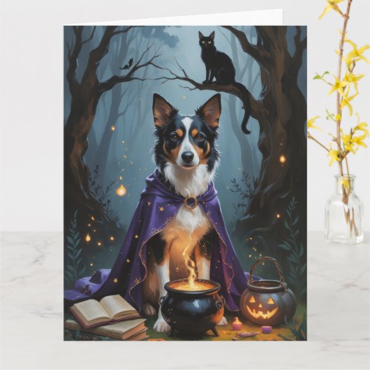 Australian Kelpie Dog Whimsical Halloween Painting Karte (Gelbe Blume)