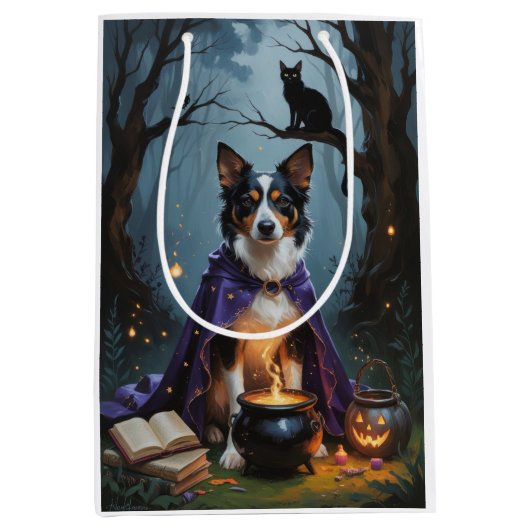 Australian Kelpie Dog Whimsical Halloween Painting Mittlere Geschenktüte (Vorderseite)