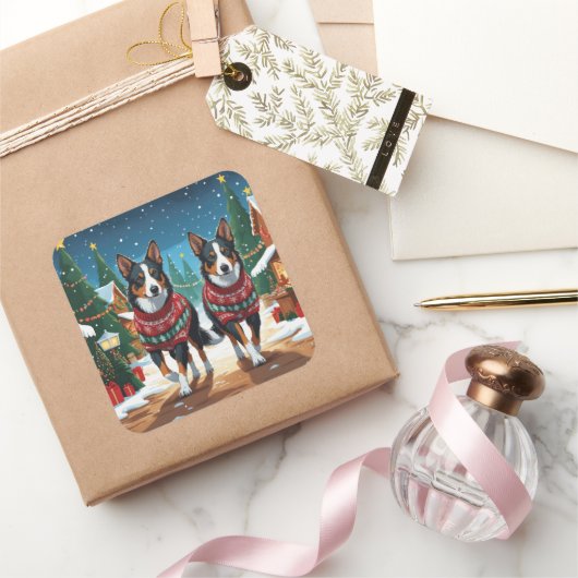 Australian Kelpie Dogs Christmas Snow Holiday Quadratischer Aufkleber (Schenken)