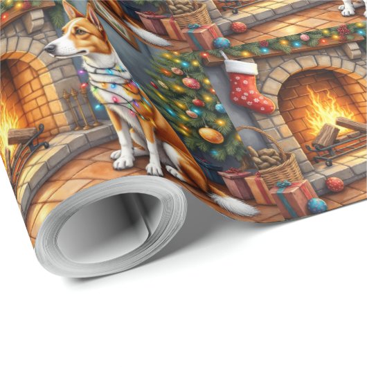 Australian Kelpie Fireplace with Christmas Lights Geschenkpapier (Rolleneckpunkt)