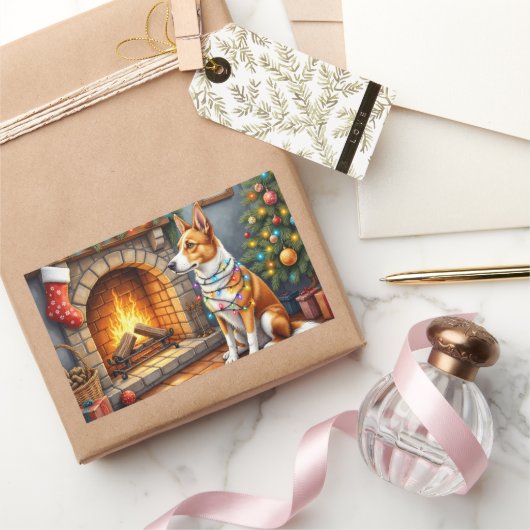 Australian Kelpie Fireplace with Christmas Lights Rechteckiger Aufkleber (Schenken)