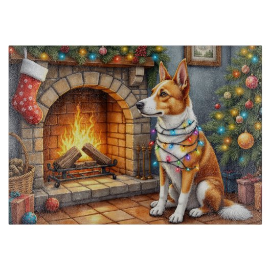 Australian Kelpie Fireplace with Christmas Lights Schneidebrett (Vorderseite)