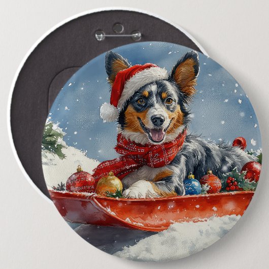 Australian Kelpie in Sledge Let it Snow Christmas Button (Vorne & Hinten)
