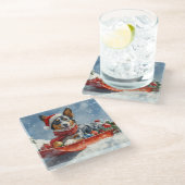 Australian Kelpie in Sledge Let it Snow Christmas Glasuntersetzer (Schrägansicht)