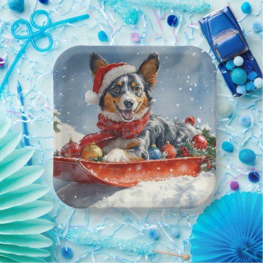 Australian Kelpie in Sledge Let it Snow Christmas Pappteller (Party)