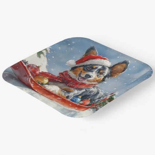 Australian Kelpie in Sledge Let it Snow Christmas Pappteller (Gewinkelt)