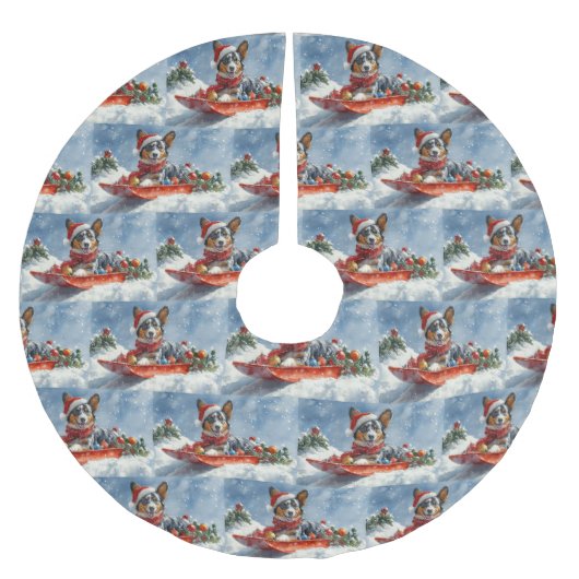 Australian Kelpie in Sledge Let it Snow Christmas Polyester Weihnachtsbaumdecke (Vorderseite)