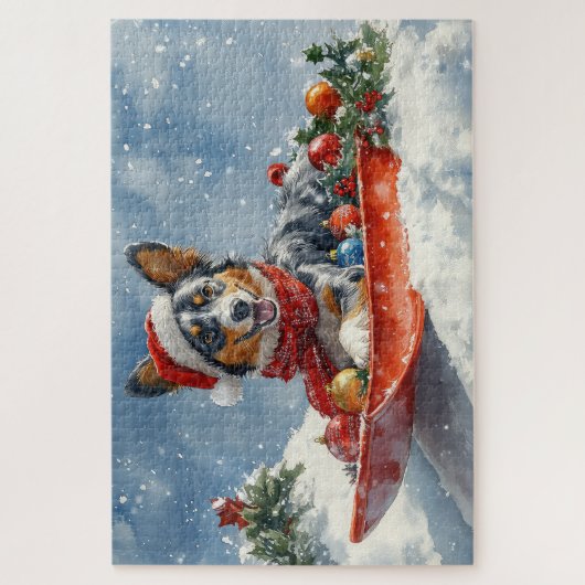 Australian Kelpie in Sledge Let it Snow Christmas Puzzle (Vertikal)