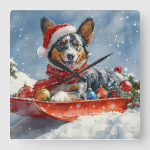 Australian Kelpie in Sledge Let it Snow Christmas Quadratische Wanduhr