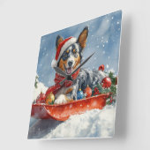 Australian Kelpie in Sledge Let it Snow Christmas Quadratische Wanduhr (Winkel)