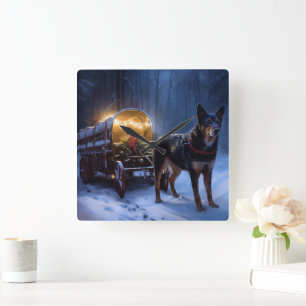 Australian Kelpie Snowy Sleigh Weihnachtsdekor Quadratische Wanduhr