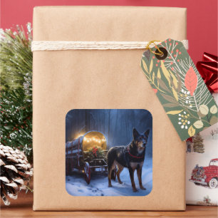Australian Kelpie Snowy Sleigh Weihnachtsdekor Quadratischer Aufkleber