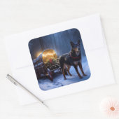Australian Kelpie Snowy Sleigh Weihnachtsdekor Quadratischer Aufkleber (Umschlag)